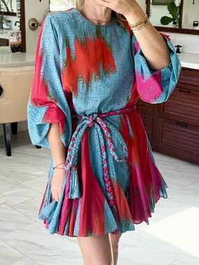 Rhode Ella Dress in Vibrant Blue & Magenta Brushstroke Tie-Waist Mini Dress